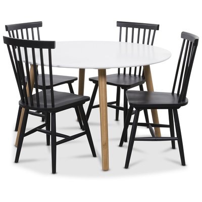 Rosvik spisegruppe rundt bord hvid/eg med 4 sorte Karl stole