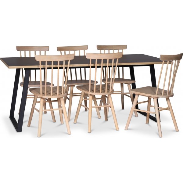 Edge 3.0 spisebordsst 190x90 cm inkl. 6 stk. hvidolierede Orust pindestole - Sort Hjtrykslaminat (HPL)