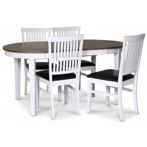 Skagen spisebordsst; spisebord 160/210x90 cm - Hvid / brunolieret eg med 4 Fr stole med PU sde