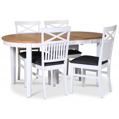 Fr spisebordsst; spisebord 160/210x90 cm - Hvid / olieret eg med 4 stk. Fr stole med kryds i ryggen og sde i grt stof