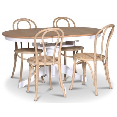 Fitchburg spisebordssæt; Ovalt spisebord 106-141 cm - Hvid / Olieret Eg med 4 stk. Danderyd No.18 spisebordsstole Whitewash