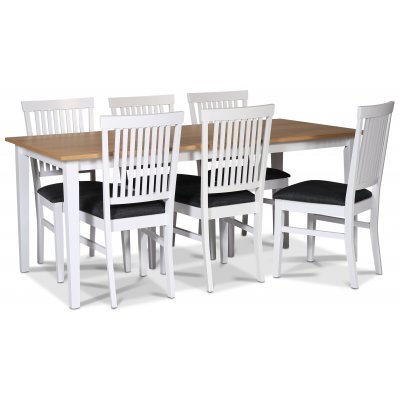 Fr spisebordsst; spisebord 180x90 cm - Hvid/olieret eg med 6 stk. Fr spisebordsstole med ribber i ryggen, sde i grt stof
