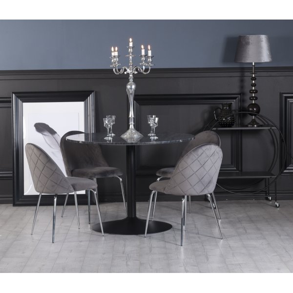 Plaza spisegruppe, marmorbord med 4 Plaza fljlsstole - Gr / Sort / Krom