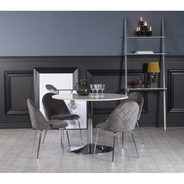 Plaza spisegruppe, marmorbord med 4 stk. Plaza fljlsstole - Gr/Hvid/Krom + Pletfjerner til mbler