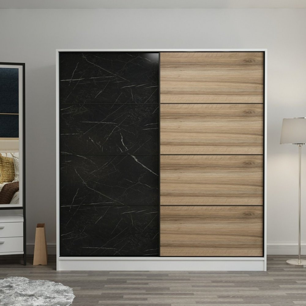 Kapusta garderobe 180 x 52 x 210 cm - Hvid/sort/brun - Garderobeskab