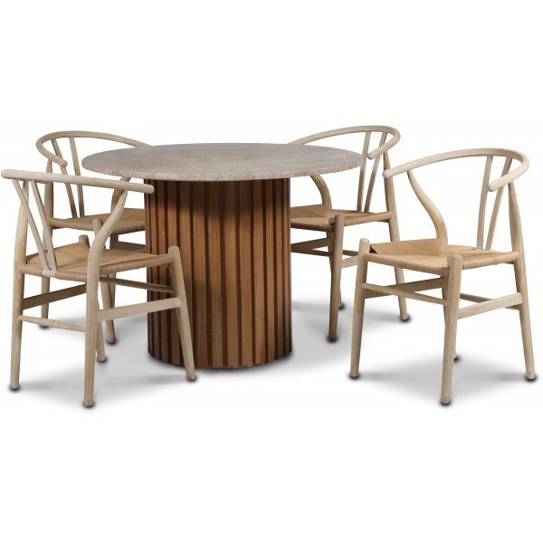 Sumo spisegruppe 105 cm inkl. 4 Brandon spisestuestole hvidkalket - Olieret eg / Beige Empradore
