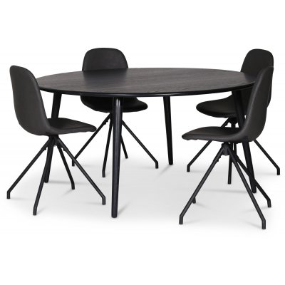 Omni spisegruppe, rundt spisebord 130 cm inkl. 4 bro drejelige sorte stole - Sortbejdset eg