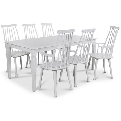 Mellby spisegruppe 180 cm bord med 6 hvide Dalsland Cane stole med armln